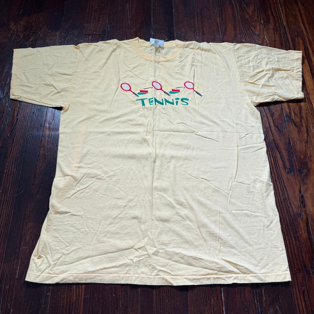 Vintage 90s Tennis Shirt Mens XL Yellow Rackets Embroidered Single Stitch USA